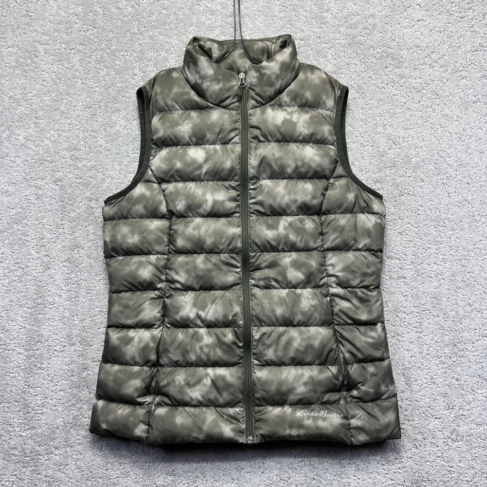 Eddie Bauer Puffer Jacket Vest Womens M Green Tie Dye Look EB650‎ Down Puffer